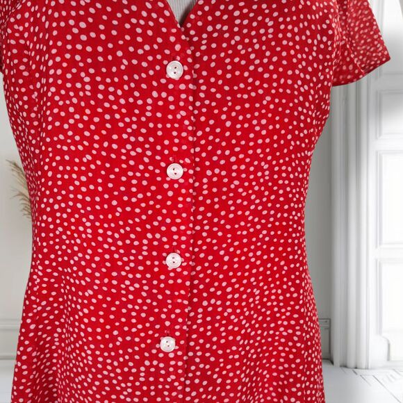 Aqua Button Front Mini Dress Size L Polka Dot Fit Flare Skater Flutter Sleeve - Picture 4 of 14